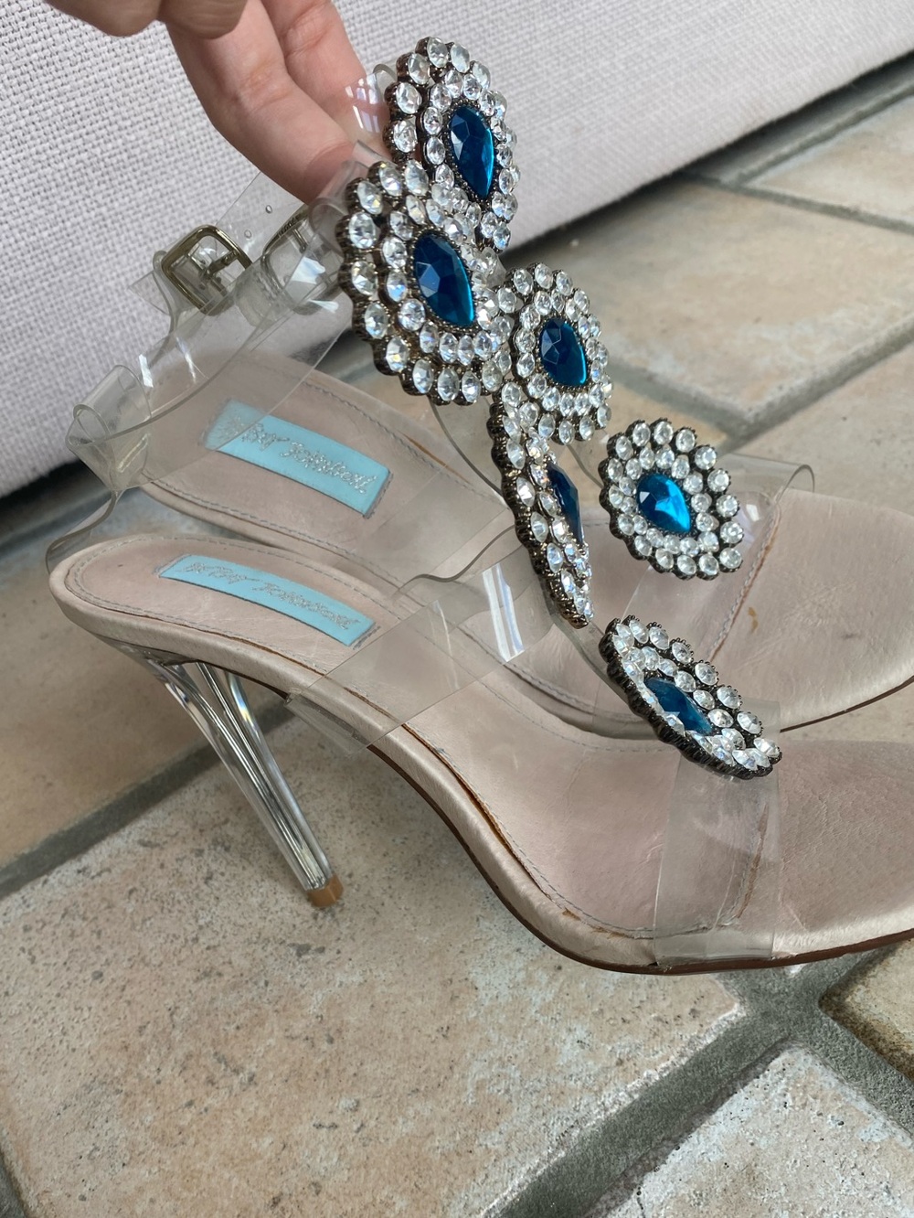 Betsey Johnson Clear Strap Heels with Blue Teardrop Rhinestones - Picture 3 of 12